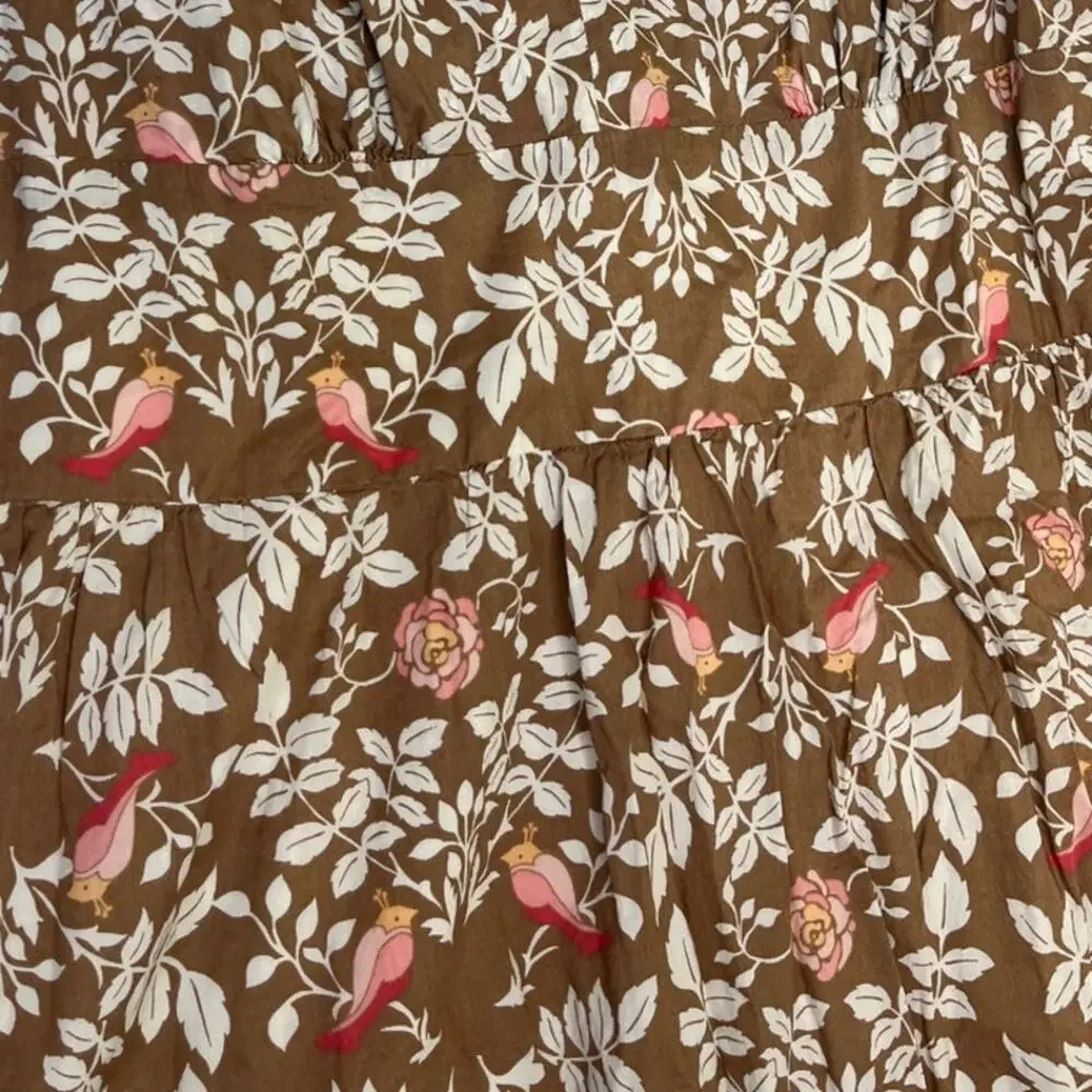 VTG Merona Brown Floral Birds Midi Whimsy Twee Cottage Cotton Dress sz 16 Party - Picture 3 of 10
